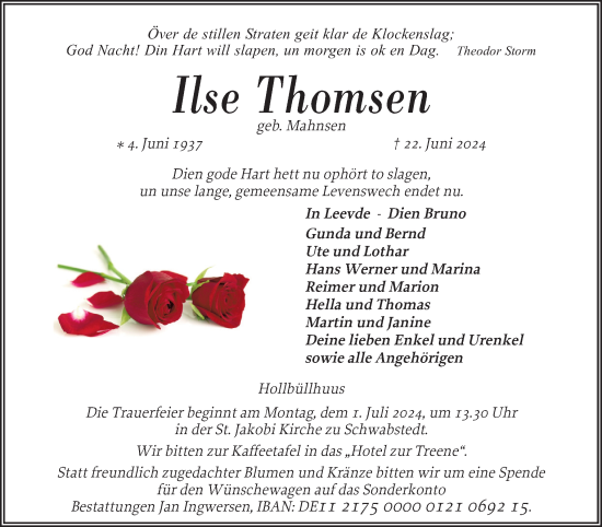 Traueranzeige von Ilse Thomsen von Husumer Nachrichten, Nordfriesland Tageblatt