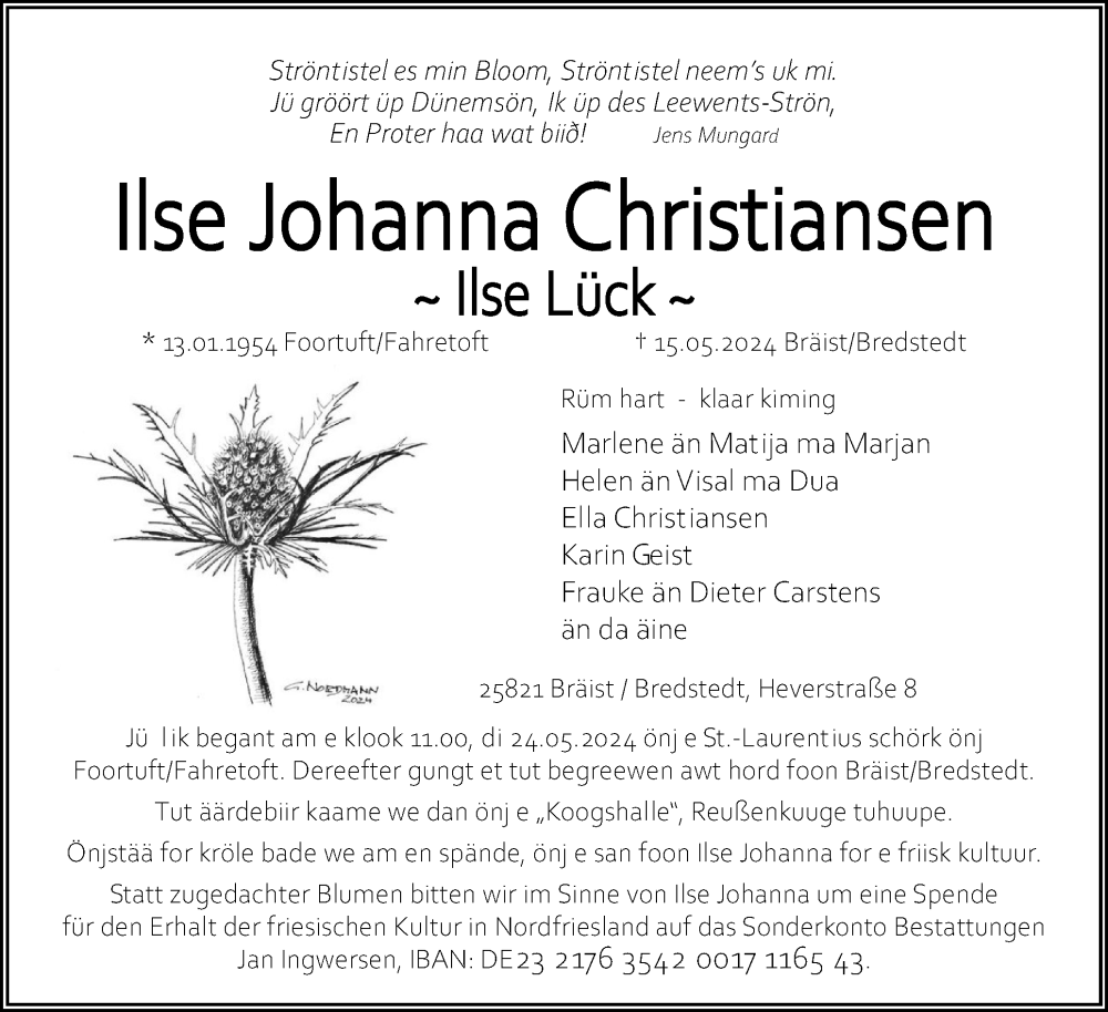  Traueranzeige für Ilse Johanna Christiansen vom 18.05.2024 aus Region Westküste