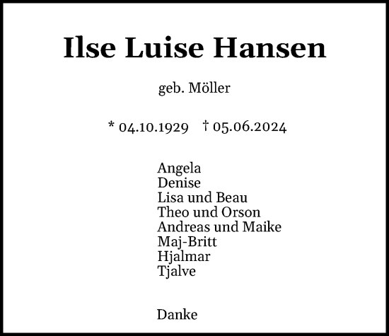 Traueranzeige von Ilse Luise Hansen von Region Pinneberg und tip Pinneberg
