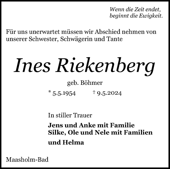 Traueranzeige von Ines Riekenberg von Schleswiger Nachrichten, Schlei-Bote