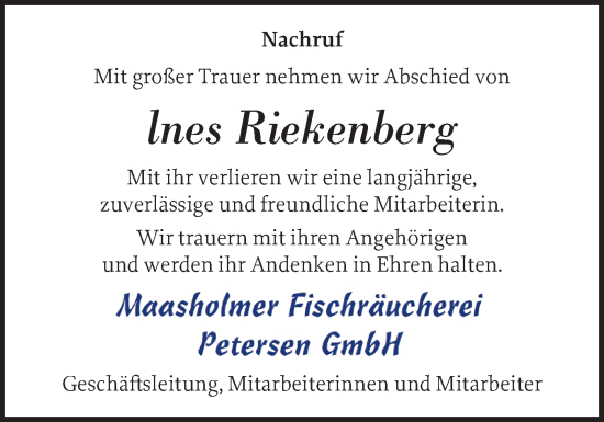 Traueranzeige von Ines Riekenberg von Schleswiger Nachrichten, Schlei-Bote