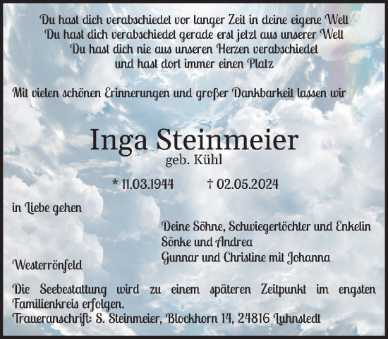 Traueranzeige von Inga Steinmeier von Schleswig-Holsteinische Landeszeitung