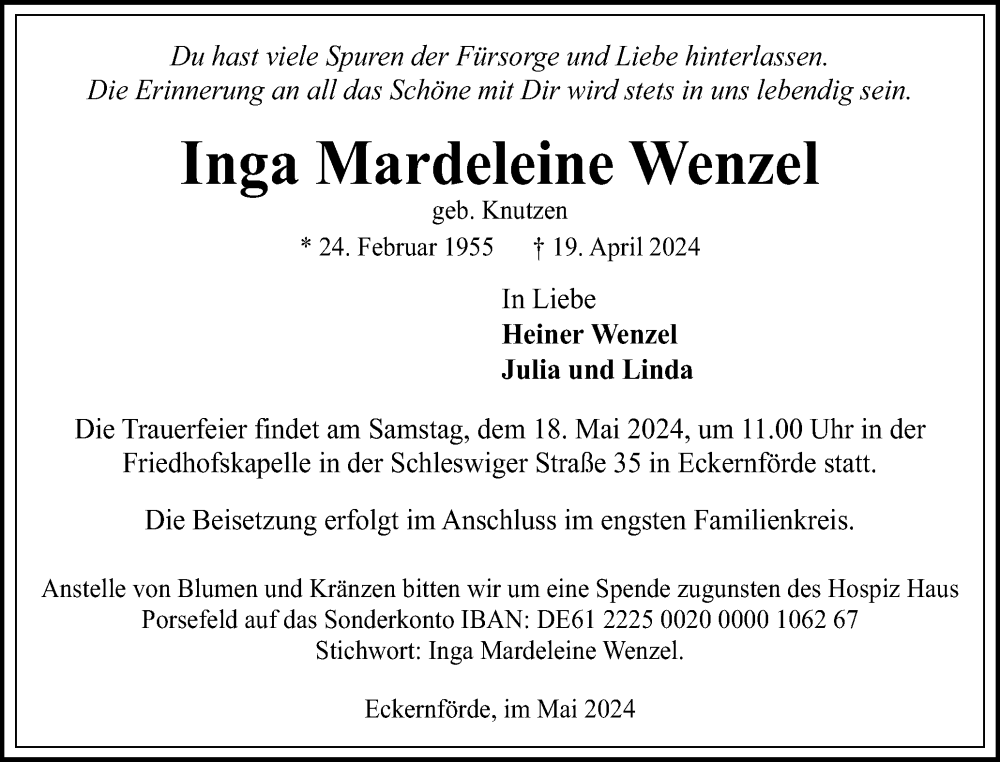  Traueranzeige für Inga Mardeleine Wenzel vom 11.05.2024 aus Eckernförder Zeitung, Hallo Eckernförde