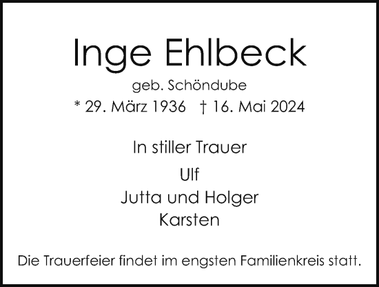 Traueranzeige von Inge Ehelbeck von Region Pinneberg und tip Pinneberg