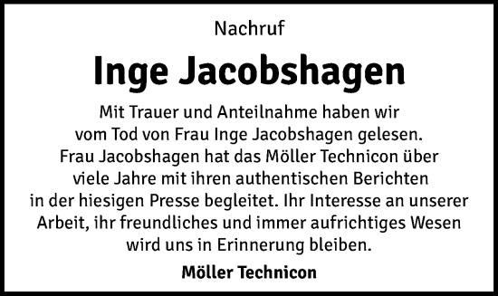 Traueranzeige von Inge Jacobshagen von Wedel-Schulauer Tageblatt, tip Wedel-Schulauer Tageblatt, tip Rissener Rundschau