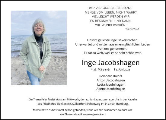 Traueranzeige von Inge Jacobshagen von Wedel-Schulauer Tageblatt, tip Wedel-Schulauer Tageblatt, tip Rissener Rundschau