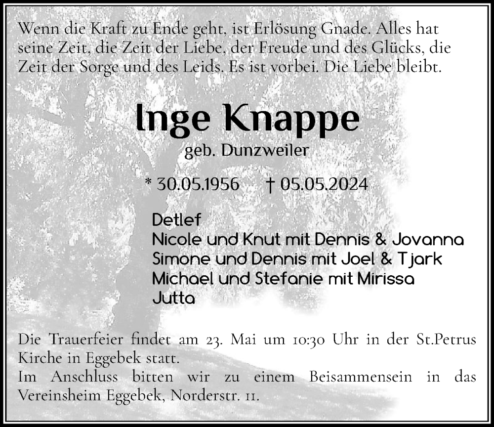  Traueranzeige für Inge Knappe vom 18.05.2024 aus Schleswiger Nachrichten, Schlei-Bote