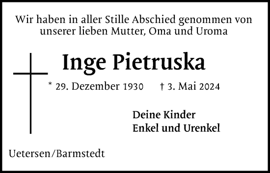 Traueranzeige von Inge Pietruska von Uetersener Nachrichten, Der tip am Wochenende