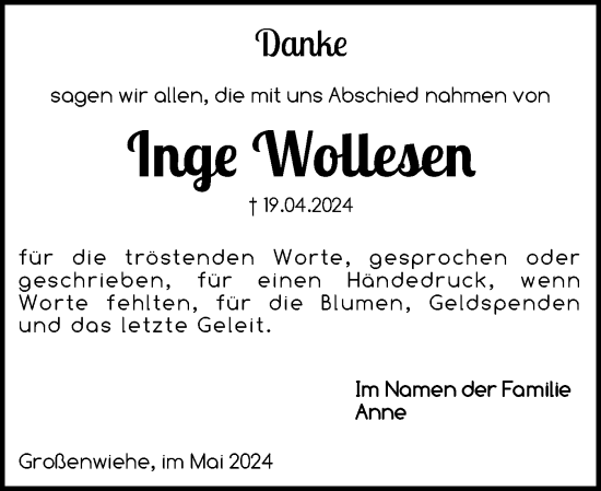 Traueranzeige von Inge Wollesen von Flensburger Tageblatt