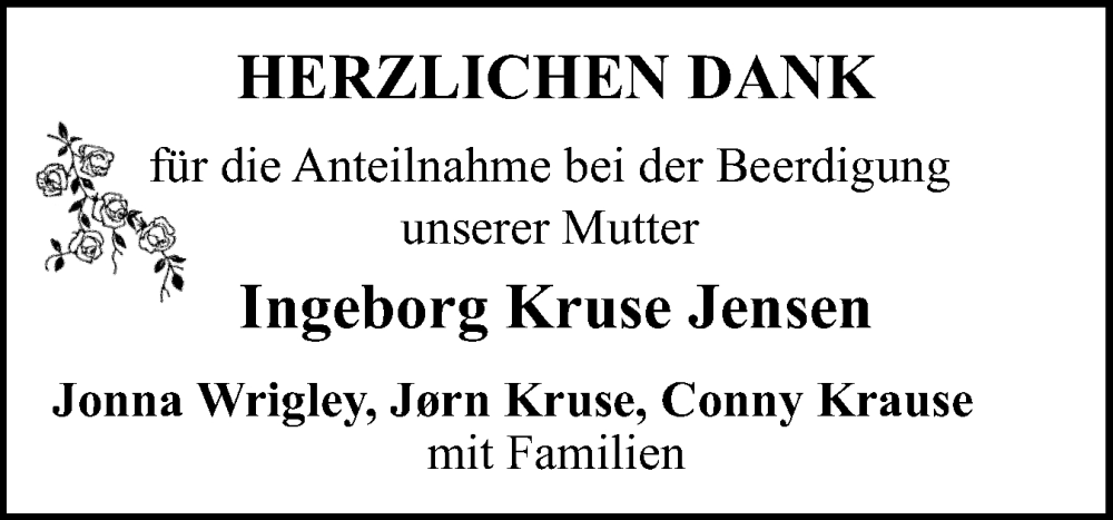  Traueranzeige für Ingeborg Kruse Jensen vom 08.06.2024 aus Flensburger Tageblatt
