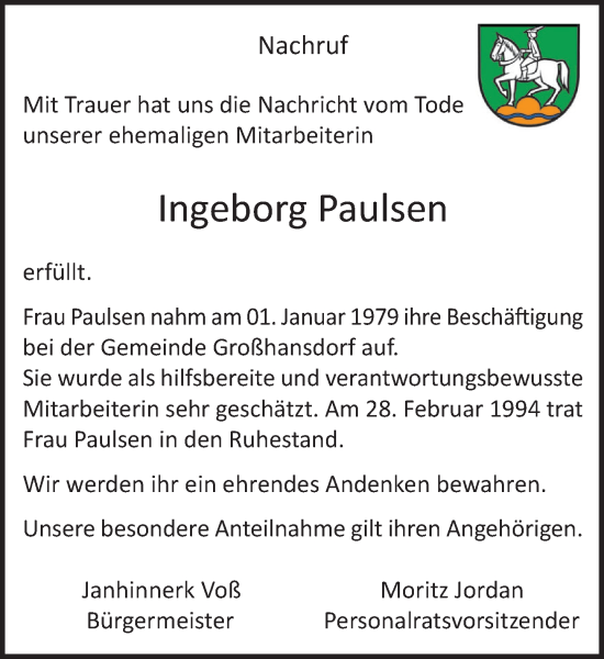 Traueranzeige von Ingeborg Paulsen von Stormaner Tageblatt