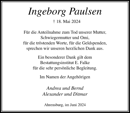 Traueranzeige von Ingeborg Paulsen von Stormaner Tageblatt