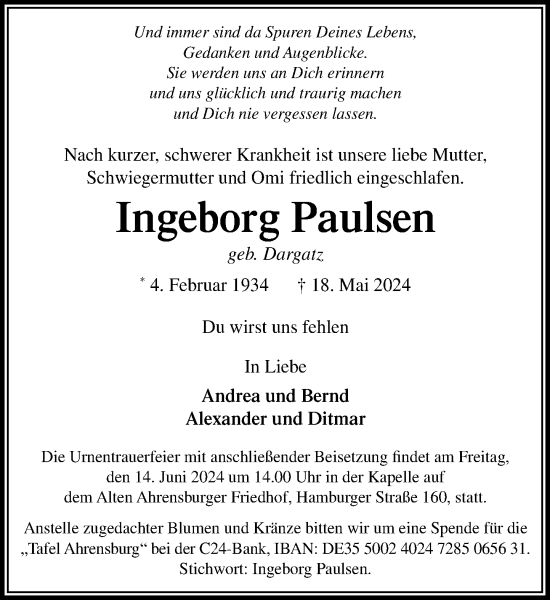 Traueranzeige von Ingeborg Paulsen von Stormaner Tageblatt