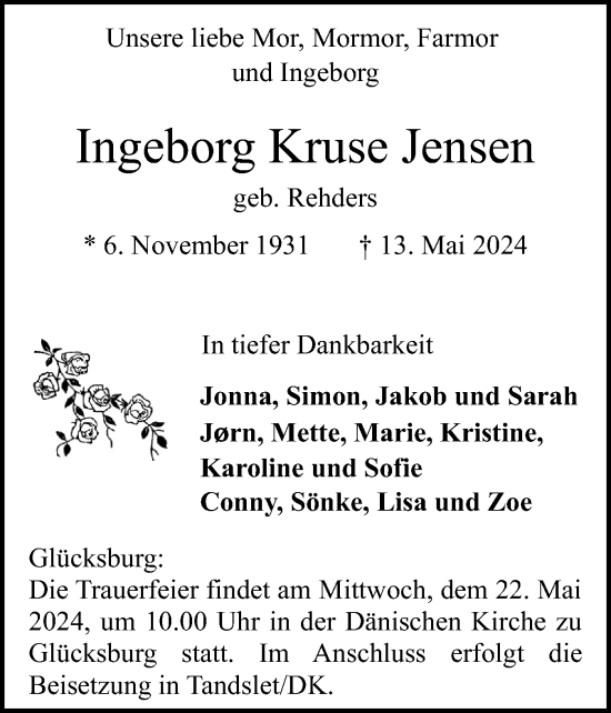 Traueranzeige von Ingeborg Kruse Jensen von Flensburger Tageblatt