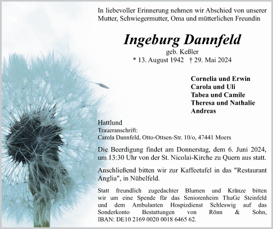 Traueranzeige von Ingeburg Dannfeld von Flensburger Tageblatt