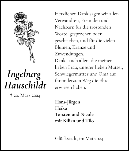 Traueranzeige von Ingeburg Hauschildt von Norddeutsche Rundschau, Wilstersche Zeitung, Glückstädter Fortuna