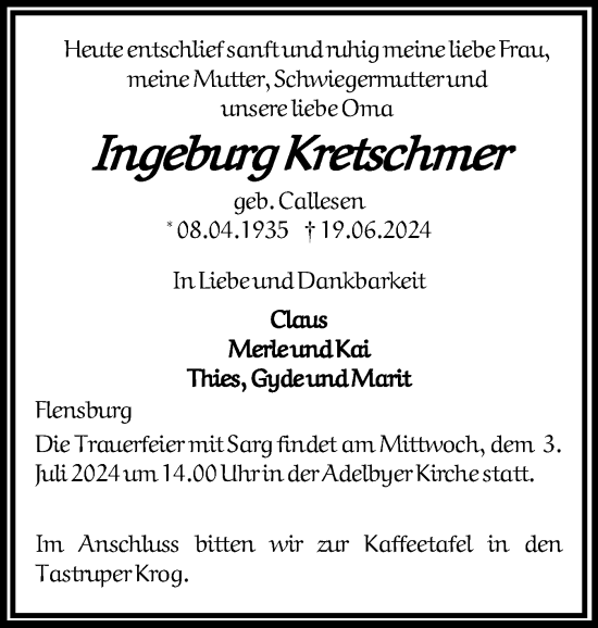 Traueranzeige von Ingeburg Kretschmer von Flensburger Tageblatt