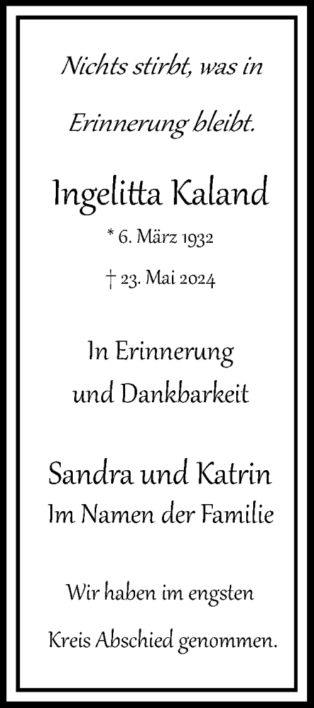 Traueranzeige von Ingelitta Kaland von Region Pinneberg und tip Pinneberg