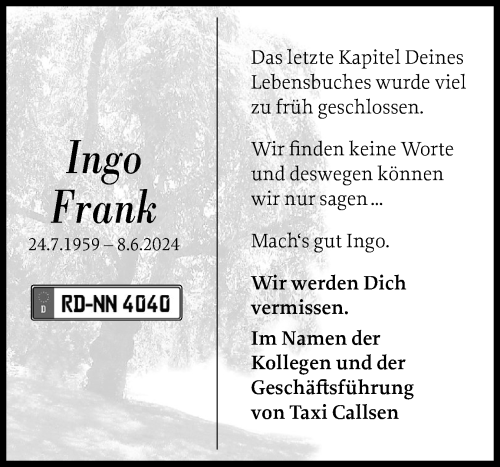  Traueranzeige für Ingo Frank vom 29.06.2024 aus Schleswig-Holsteinische Landeszeitung