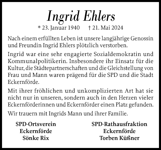 Traueranzeige von Ingrid Ehlers von Eckernförder Zeitung, Hallo Eckernförde