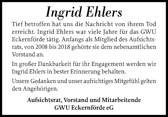 Traueranzeige von Ingrid Ehlers von Eckernförder Zeitung, Hallo Eckernförde