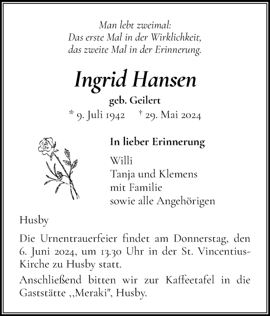 Traueranzeige von Ingrid Hansen von Flensburger Tageblatt