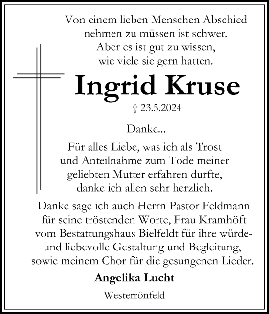 Traueranzeige von Ingrid Kruse von Schleswig-Holsteinische Landeszeitung