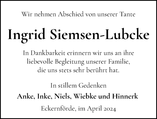 Traueranzeige von Ingrid Siemsen-Lubcke von Eckernförder Zeitung, Hallo Eckernförde