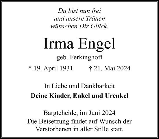 Traueranzeige von Irma Engel von Stormaner Tageblatt