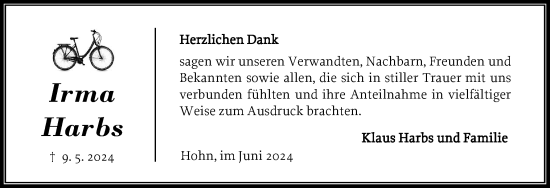 Traueranzeige von Irma Harbs von Schleswig-Holsteinische Landeszeitung