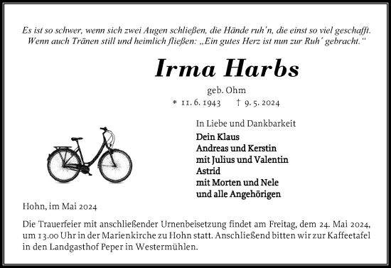 Traueranzeige von Irma Harbs von Schleswig-Holsteinische Landeszeitung