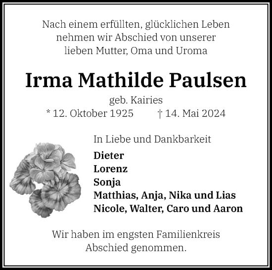 Traueranzeige von Irma Mathilde Paulsen von Region Pinneberg und tip Pinneberg