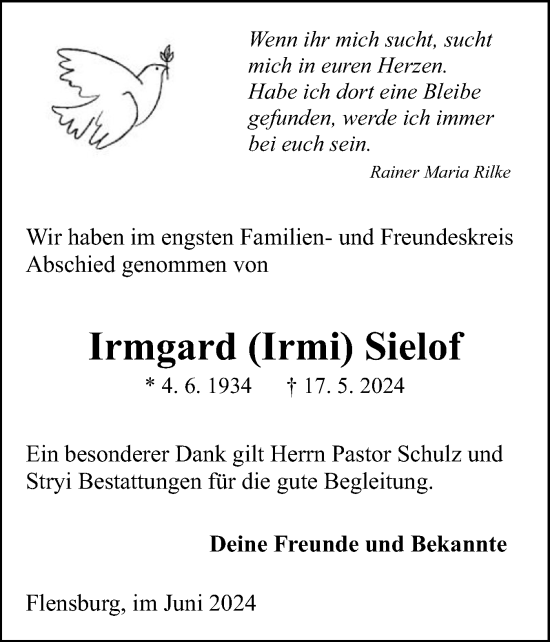 Traueranzeige von Irmgard  Sielof von Flensburger Tageblatt