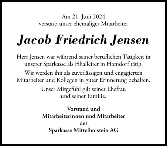 Traueranzeige von Jacob Friedrich Jensen von Schleswig-Holsteinische Landeszeitung
