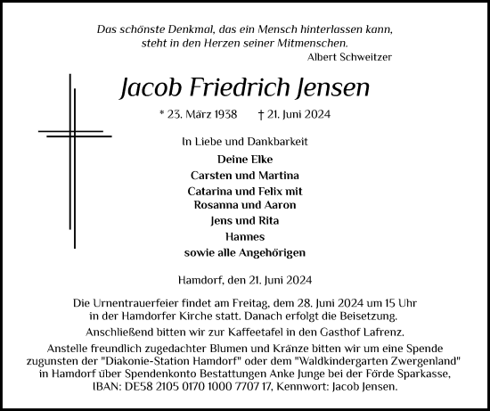 Traueranzeige von Jacob Friedrich Jensen von Schleswig-Holsteinische Landeszeitung