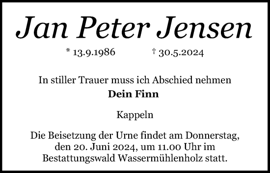 Traueranzeige von Jan Peter Jensen von Schleswiger Nachrichten, Schlei-Bote