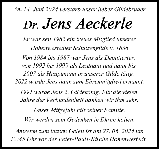 Traueranzeige von Jens Aeckerle von Schleswig-Holsteinische Landeszeitung