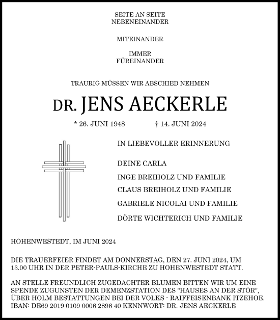 Traueranzeige von Jens Aeckerle von Schleswig-Holsteinische Landeszeitung
