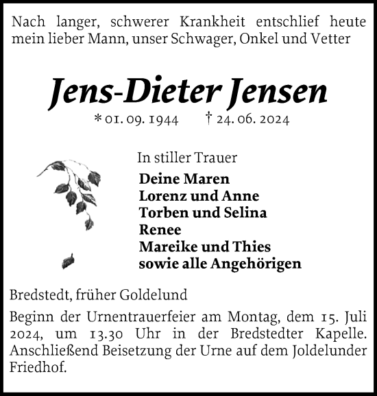 Traueranzeige von Jens-Dieter Jensen von Husumer Nachrichten, Nordfriesland Tageblatt