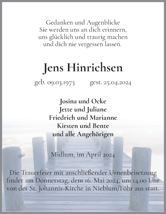 Traueranzeige von Jens Hinrichsen von Der Insel-Bote