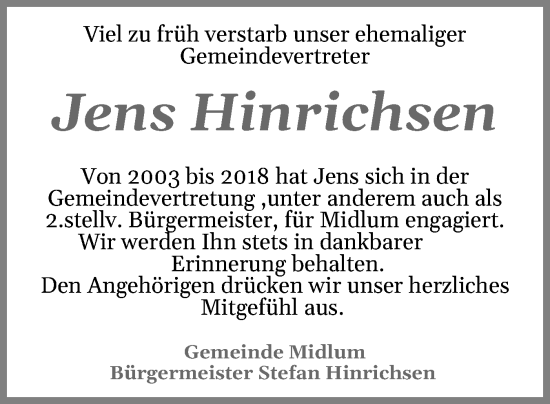 Traueranzeige von Jens Hinrichsen von Der Insel-Bote