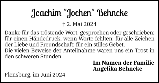 Traueranzeige von Joachim Behncke von Flensburger Tageblatt
