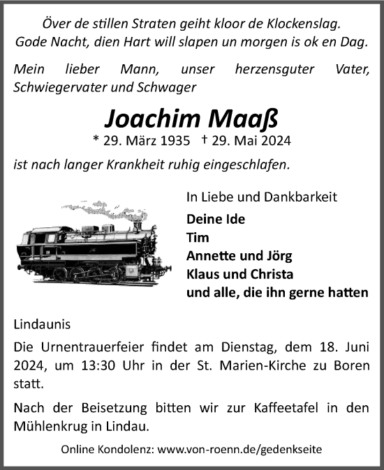 Traueranzeige von Joachim Maaß von Schleswiger Nachrichten, Schlei-Bote