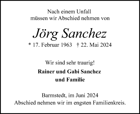 Traueranzeige von Jörg Sanchez von Elmshorner Nachrichten, Barmstedter Zeitung