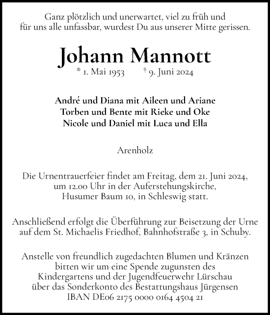 Traueranzeige von Johann Mannott von Schleswiger Nachrichten, Schlei-Bote