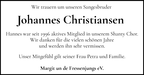 Traueranzeige von Johannes Christiansen von Husumer Nachrichten, Nordfriesland Tageblatt