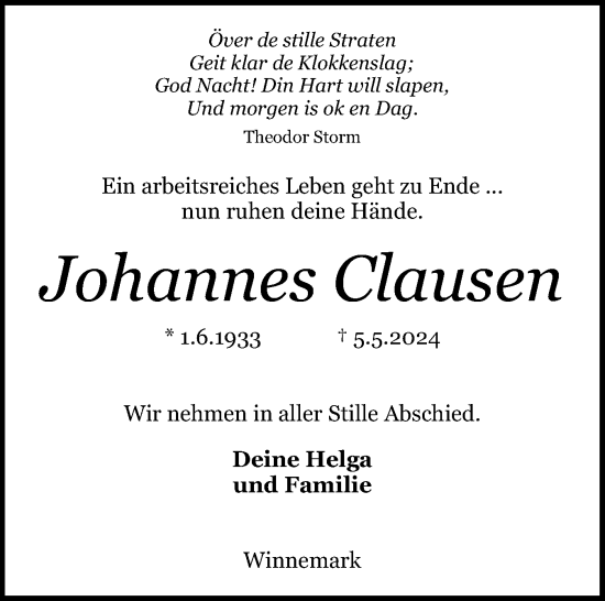 Traueranzeige von Johannes Clausen von Schleswiger Nachrichten, Schlei-Bote