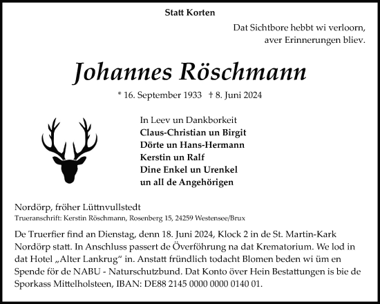 Traueranzeige von Johannes Röschmann von Schleswig-Holsteinische Landeszeitung