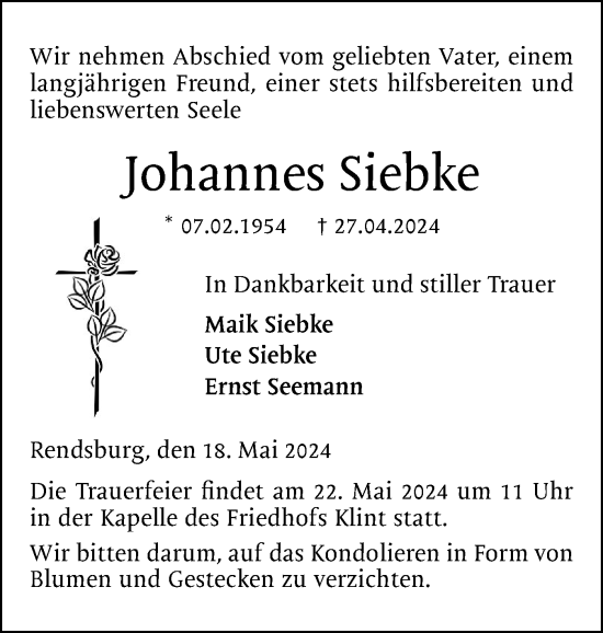 Traueranzeige von Johannes Siebke von Schleswig-Holsteinische Landeszeitung