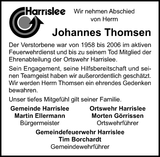 Traueranzeige von Johannes Thomsen von Flensburger Tageblatt